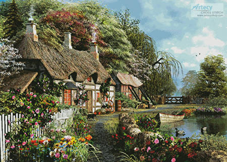 cross stitch pattern Riverside Home in Bloom (Large)