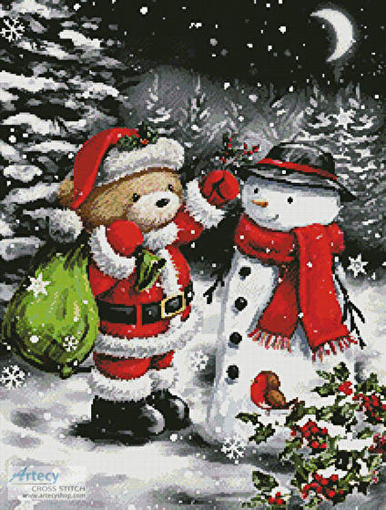 cross stitch pattern Teddy Santa with Snowman