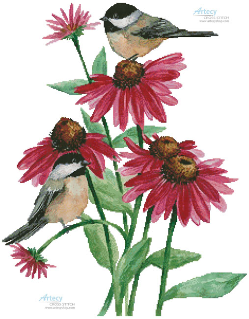 cross stitch pattern Chickadees on Coneflowers