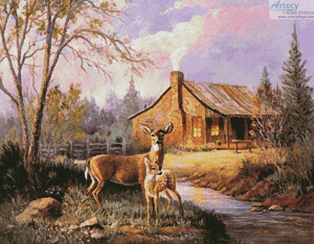 cross stitch pattern Deer Near the Cabin
