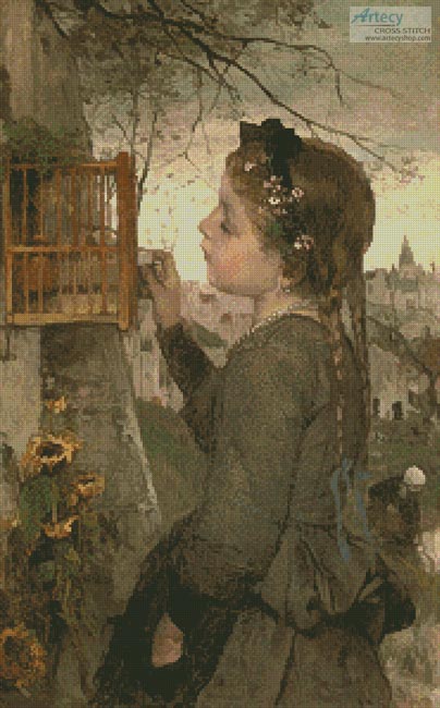 cross stitch pattern Girl Feeding a Bird in a Cage