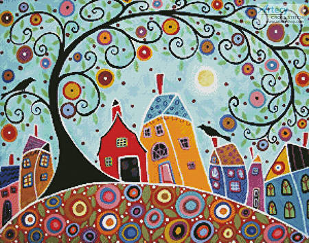 cross stitch pattern Houses, Barn, Birds and Swirl Tree