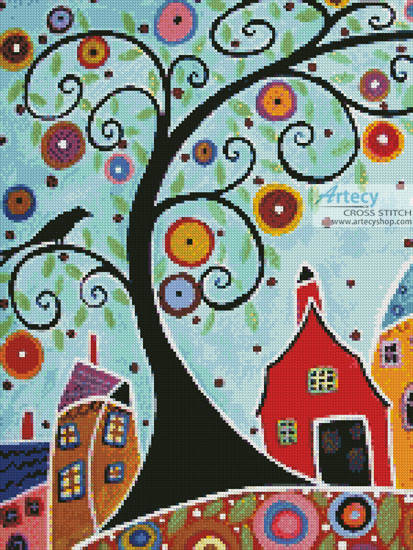 cross stitch pattern Houses, Barn, Birds and Swirl Tree(Crop)