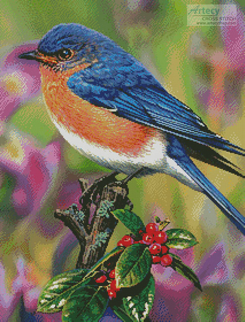 cross stitch pattern Hollyberry Bluebird