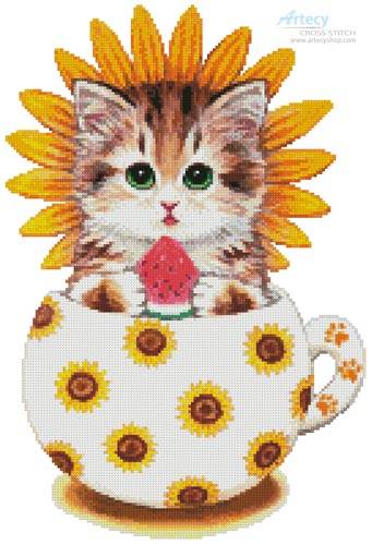 cross stitch pattern Sunflower Kitty Cup