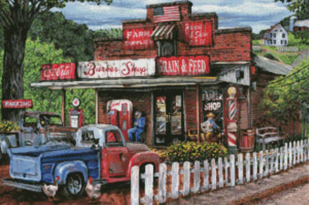 cross stitch pattern Saturday Morning at the Shop