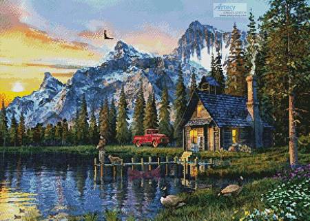 cross stitch pattern Sunset Log Cabin