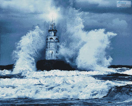 cross stitch pattern Storm and Lighthouse Blue (Large)