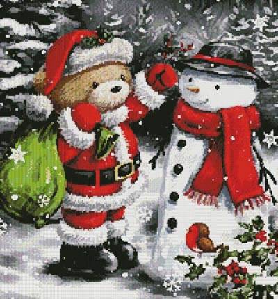 cross stitch pattern Teddy Santa with Snowman (Crop)