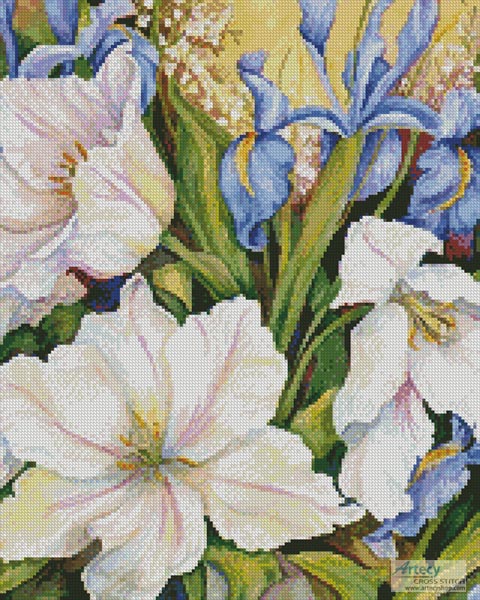cross stitch pattern White Tulips and Blue Iris (Crop)