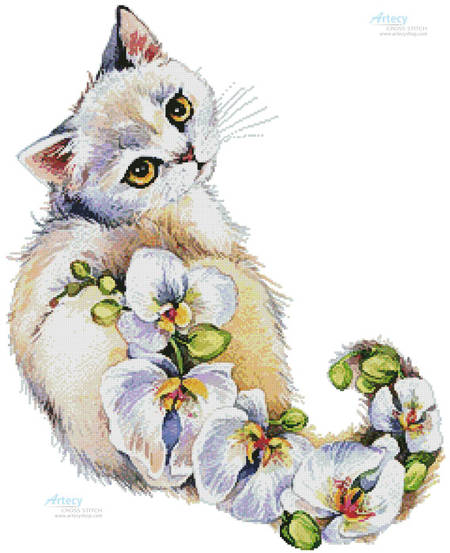 cross stitch pattern White Orchids Cat