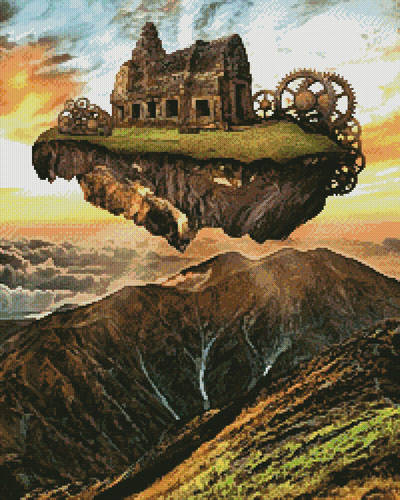 cross stitch pattern Floating Steampunk Mountain (Large Crop)