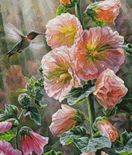 cross stitch pattern Hummingbird  Hollyhocks (Crop)