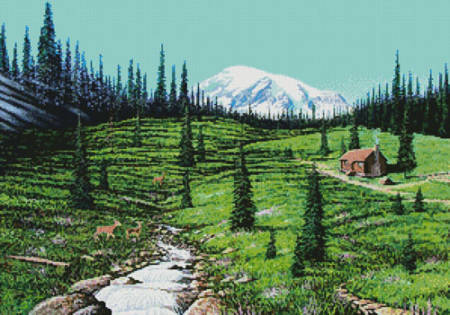 cross stitch pattern Alpine Meadow Cabin