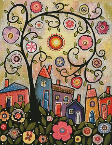 cross stitch pattern Collage Tree Village