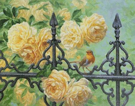 cross stitch pattern European Robin and Roses
