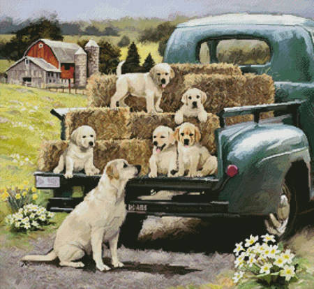 cross stitch pattern Green Truck Pups