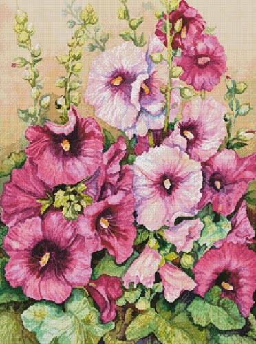 cross stitch pattern Hollyhocks in Evening Glow