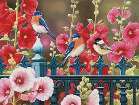 cross stitch pattern Iron Fence with Hollyhocks