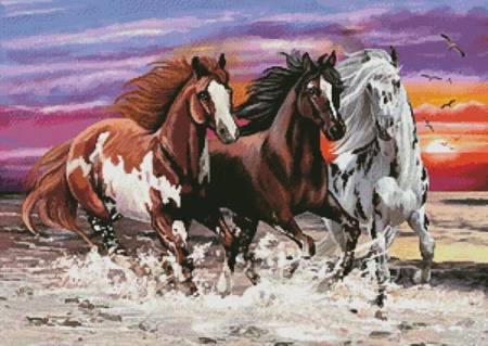 cross stitch pattern Three Horses at Sunset