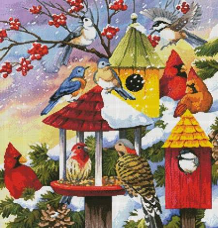 cross stitch pattern Meeting at the Bird Feeder (Crop)