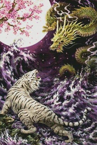 cross stitch pattern Dragon and Tiger in the Moonlight