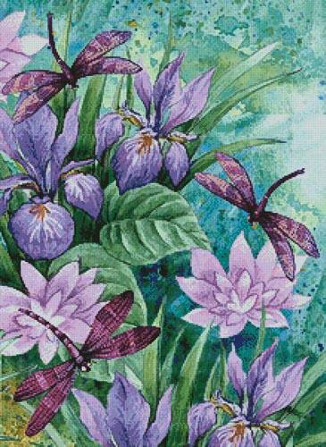 cross stitch pattern Irises and Dragonflies