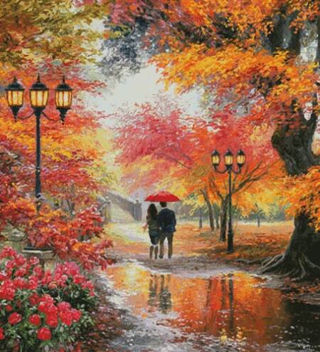 cross stitch pattern Walking in the Rain (Large Crop)