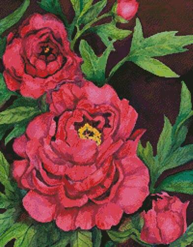 cross stitch pattern Peonies in Deep Red (Crop)