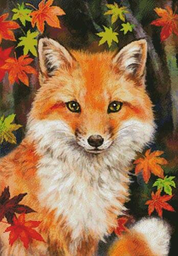 cross stitch pattern Fox with Autumn Leaves