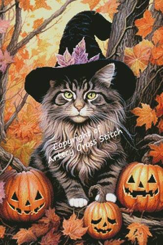 cross stitch pattern Halloween Siberian Cat