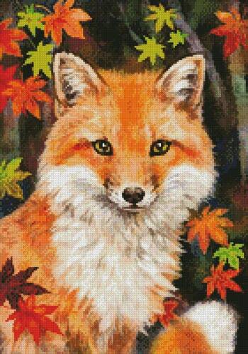 cross stitch pattern Mini Fox with Autumn Leaves