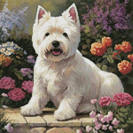 cross stitch pattern Mini West Highland Terrier in a Garden