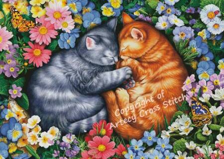 cross stitch pattern Sleeping Kittens in Flowers (Large)