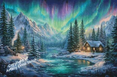 cross stitch pattern Cabin Under The Northern Lights (Large)