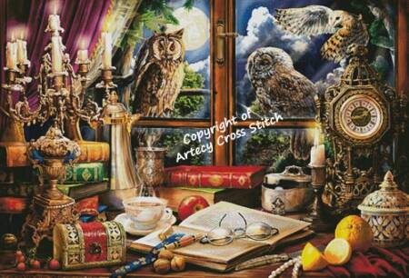 cross stitch pattern Evening Still Life with Owls (Large)