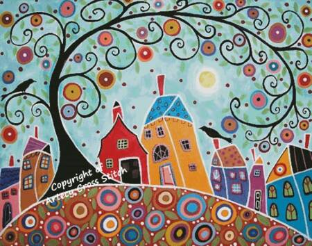 cross stitch pattern Houses, Barn, Birds and Swirl Tree Large