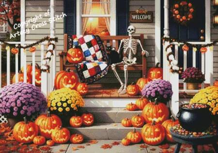 cross stitch pattern Halloween Front Porch