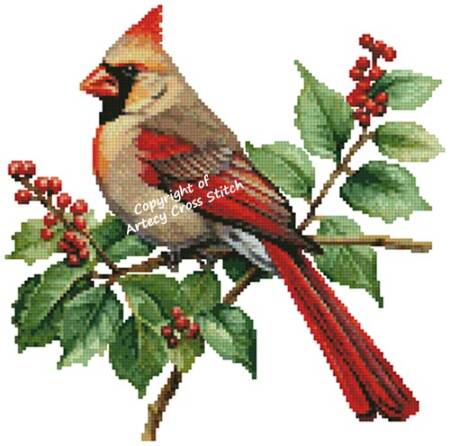 cross stitch pattern Mini Female Cardinal and Holly
