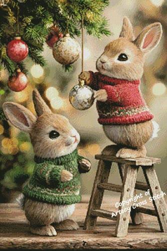 cross stitch pattern Bunnies Decorating Tree