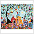 cross stitch pattern Houses, Barn, Birds and Swirl Tree