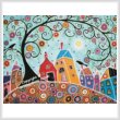 cross stitch pattern Houses, Barn, Birds and Swirl Tree Large