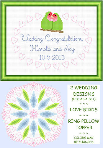 cross stitch pattern Love Birds and Ring Pillow Topper