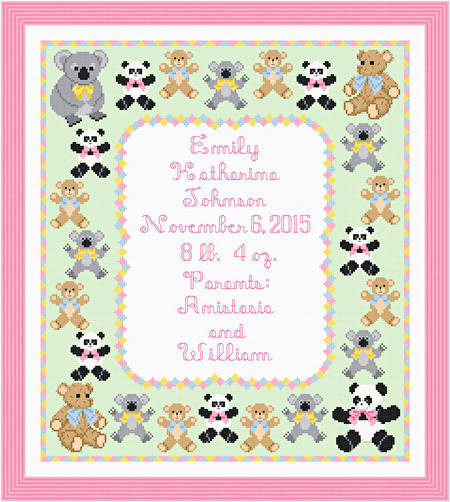 cross stitch pattern Teddy Birth Announcement - 14 x 16