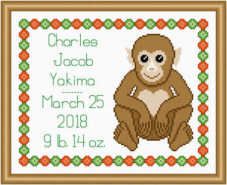 cross stitch pattern Baby Basic Monkey Birth Record