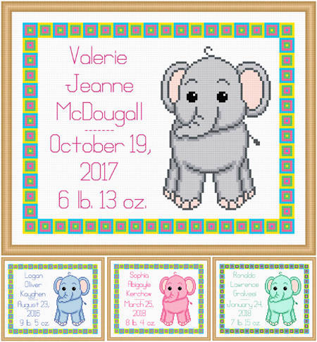 cross stitch pattern Baby Elephant Birth Record