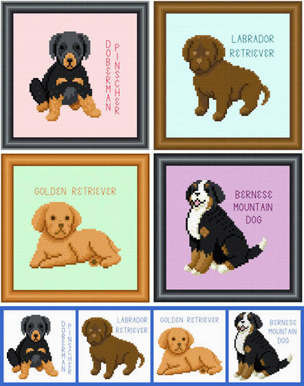 cross stitch pattern Set of 4 Puppy Images - Large Breed