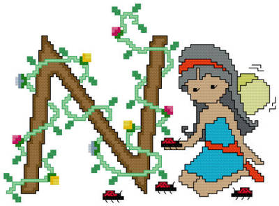 cross stitch pattern Pixies Initials - N