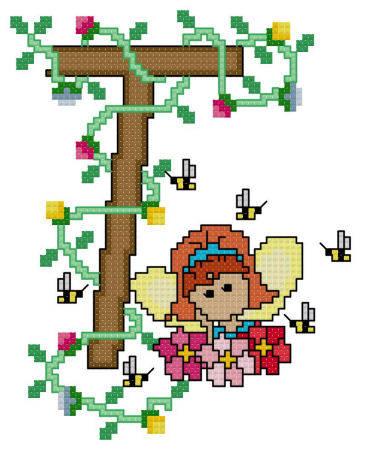 cross stitch pattern Pixies Initials - T