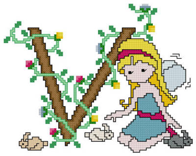 cross stitch pattern Pixies Initials - V